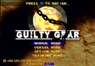 Guilty Gear (PlayStation) screenshot: Behold! This is the title screen of the game that started it all!