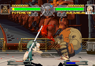 Guilty Gear (PlayStation) screenshot: The game offers characters of various proportions: from the skinny Dr. Baldhead (right) to the beefy Potemkin (left).