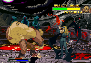 Guilty Gear (PlayStation) screenshot: That Potemkin fella is sure easy to beat (if you fight him in training mode, where he's standing still).