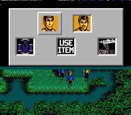 Star Trek: 25th Anniversary (NES) screenshot: Away team options: Talk to your team members, use items, set your phaser to stun or full power or call the Enterprise to get beamed up.