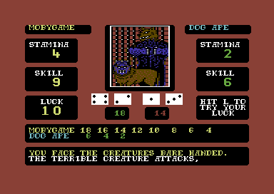 The Citadel of Chaos (Commodore 64) screenshot: You messed it up! Now you get to fight with the Citadel's first monsters, the Ape-Dog and the Dog-Ape... at the same time!