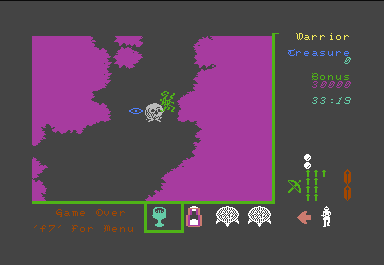 Gemstone Warrior (Commodore 64) screenshot: Monsters do gang up. The blue eye is a summoner, bringing extra monsters to battle. The skull means the Gemstone Warrior is dead.
