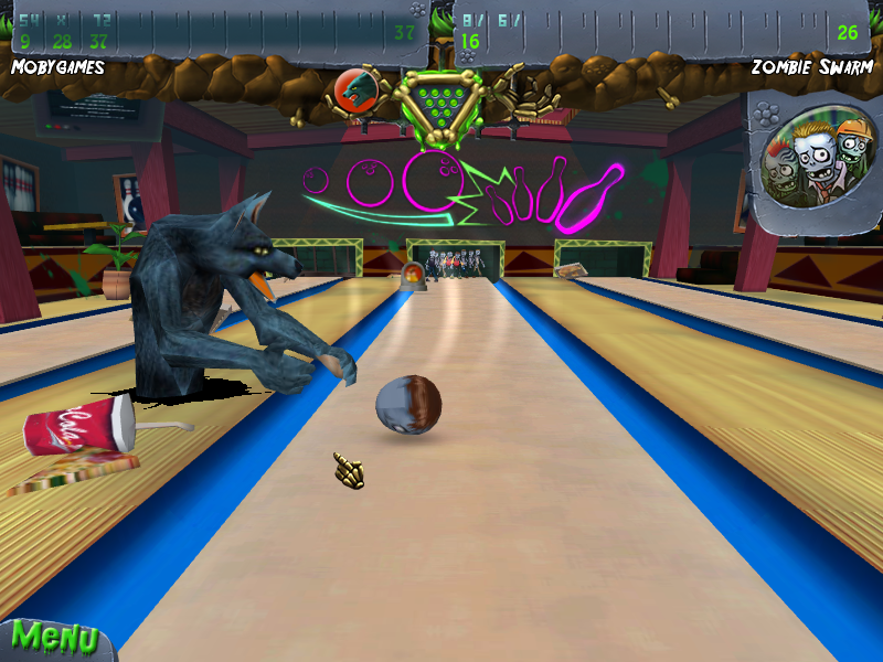 Zombie Bowl-O-Rama (Windows) screenshot: The werewolf either pulls or drags the ball towards the gutters.