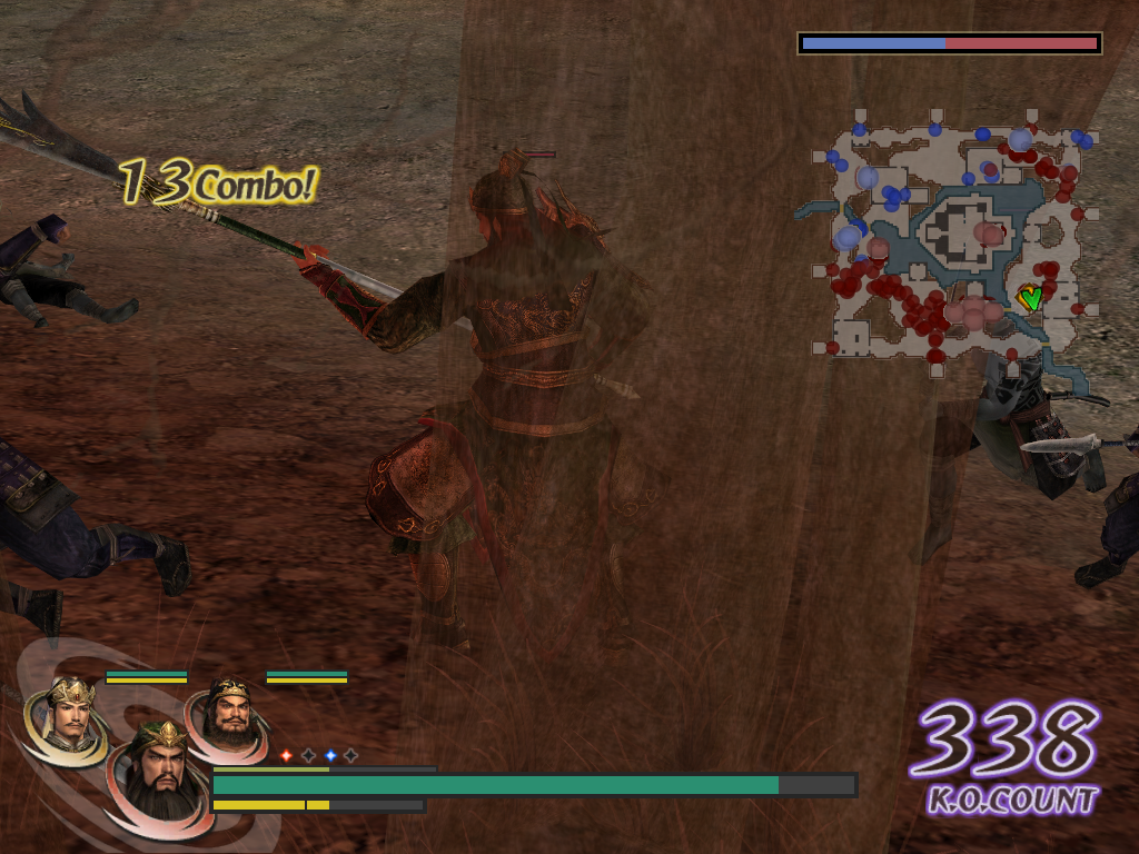 Warriors Orochi (Windows) screenshot: On most objects that would hinder the view during a fight, a transparency effect is applied. Here, on a tree in the foreground.