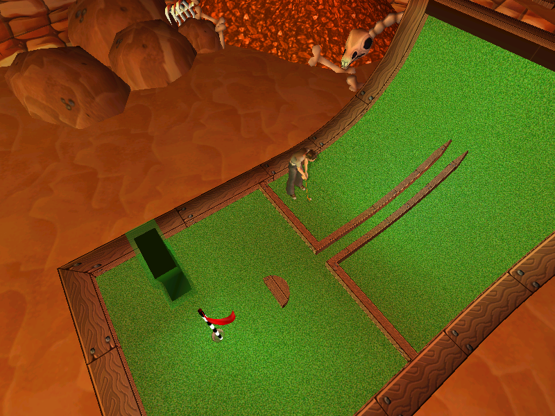 Crazy Golf: World Tour (Windows) screenshot: As if it wasn't clear enough they put a huge green exclamation mark above the hole.