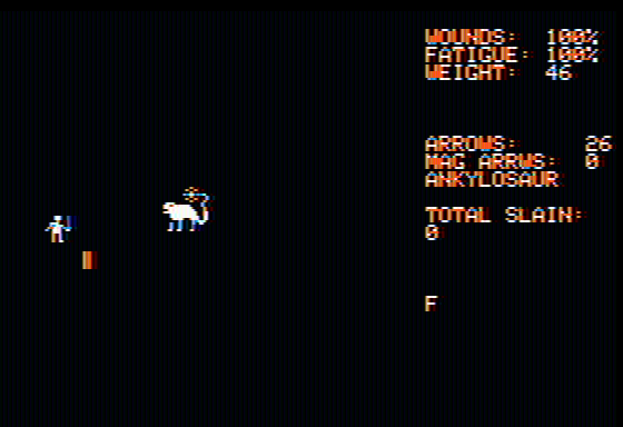 The Keys of Acheron (Apple II) screenshot: In another level ("The Temple in the Jungle"), there are dinosaurs, such as this Ankylosaur.