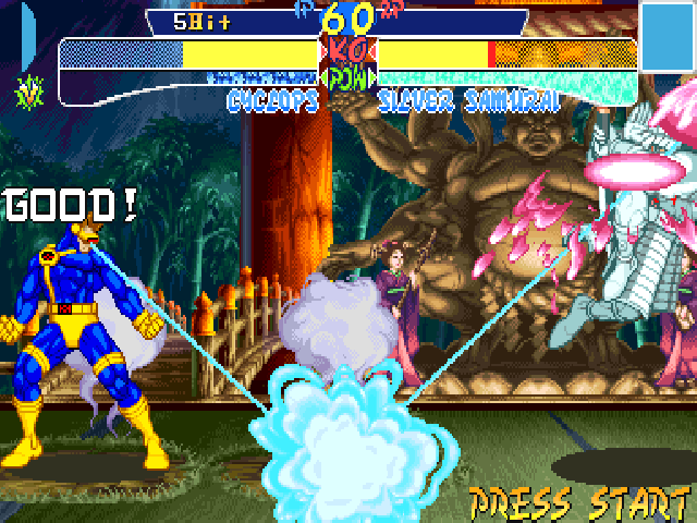 X-Men: Children of the Atom (DOS) screenshot: Cyclops has two Hyper X moves. One is Mega Optic Blast. The other, Super Optic Blast, is an Optic Blast that lasts a few seconds, can be fully oriented and is reflected by the ground, as seen here.