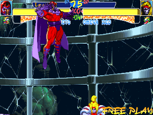 X-Men: Children of the Atom (DOS) screenshot: Magneto and Storm have the possibility to fly and therefore attack the enemy while hovering. Flying only stops after a while, if you are hit by an enemy or if you do the fly move again to land.