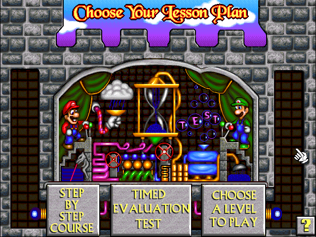 Mario Teaches Typing 2 (Windows) screenshot: After selecting your character, you can choose to either play step by step (more or less "story mode"), to take a timed evaluation test or to play on a specific level with specific settings.