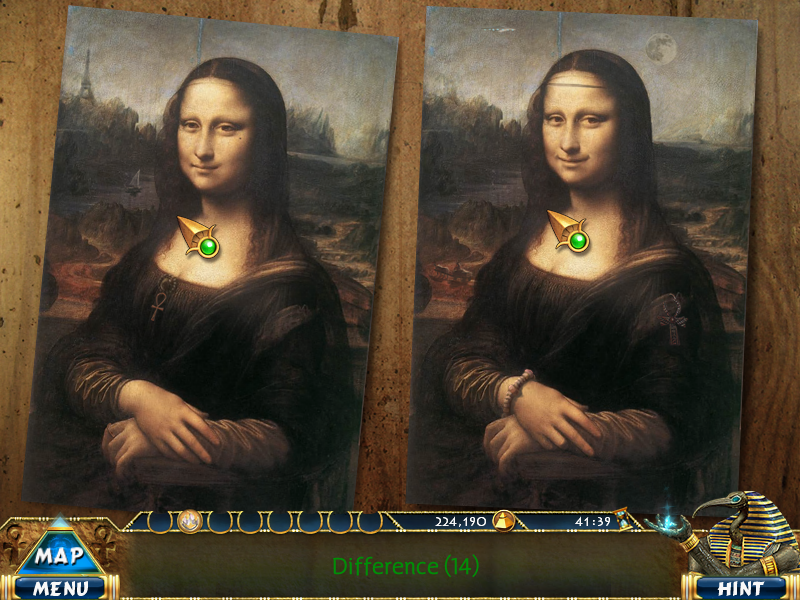 Luxor: Adventures (Windows) screenshot: Spot-the-differences game with two Mona Lisas