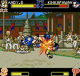Fatal Fury: First Contact (Neo Geo Pocket Color) screenshot: Using his body-spinning move Kuuha Dan, Andy was able to remove a lot more of Kim's energy bar.
