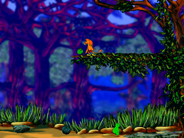 Leo the Lion's Puzzles (Windows) screenshot: Can you get the turtle's shell back to him? The lion tosses the shell down, and it's up to you to set up something to direct it to its owner