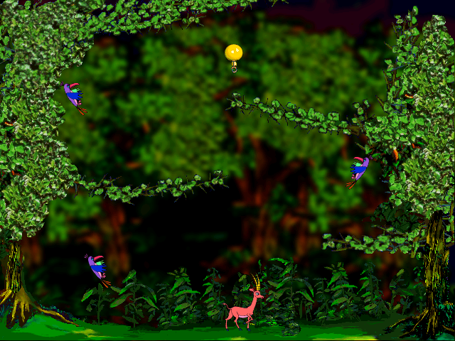 Leo the Lion's Puzzles (Windows) screenshot: Blown by the birds' flapping, the balloon flies through the thorny path to safety
