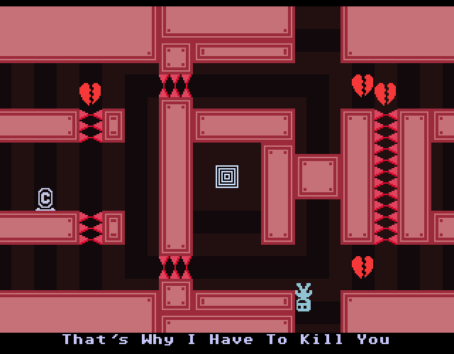 VVVVVV (Windows) screenshot: Deadly hearts and spikes all around