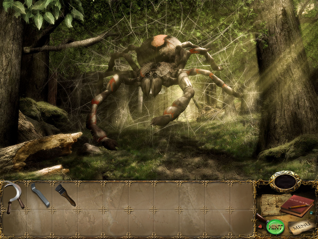 Mortimer Beckett and the Lost King (Windows) screenshot: Giant spider blocking the way out of the tutorial chapter.