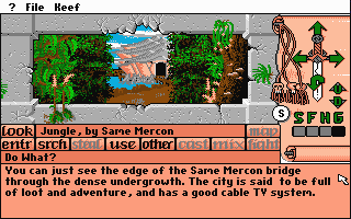 Keef the Thief: A Boy and His Lockpick (DOS) screenshot: Gamestart - Just outside the bridge leading to Same Mercon...or you could head back to the jungle and likely get yourself killed by maurauding monsters...