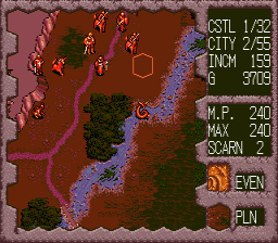 Dark Wizard (SEGA CD) screenshot: Movement of your troops is largely affected by different terrain types.