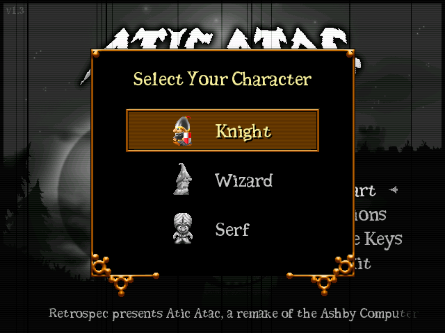 Atic Atac (Windows) screenshot: Character selection