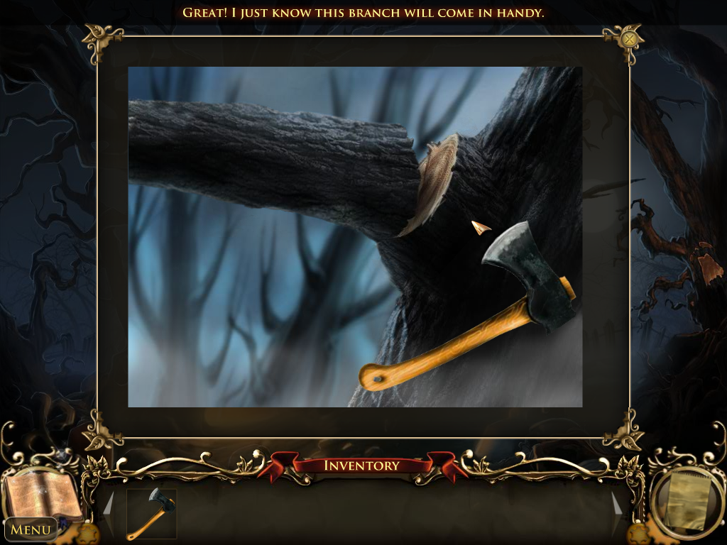 Nightfall Mysteries: Curse of the Opera (Windows) screenshot: Cutting the branch.