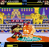 Fatal Fury: First Contact (Neo Geo Pocket Color) screenshot: With Joe Higashi's open guard, the burning-flaming action of Wolfgang Krauser's Blitz Ball is total!