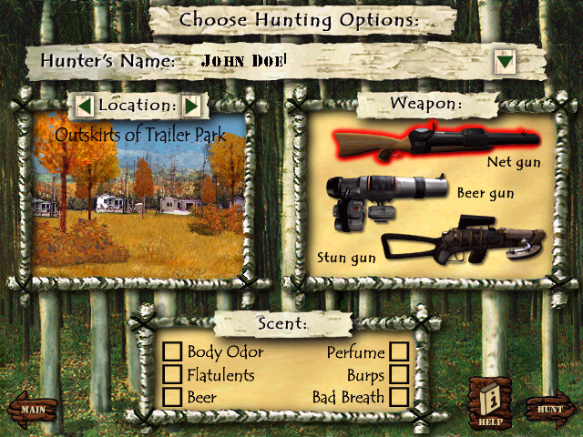Deer's Revenge (Windows) screenshot: Preparation Screen - choose the place, weapon and special ability to hunt with
