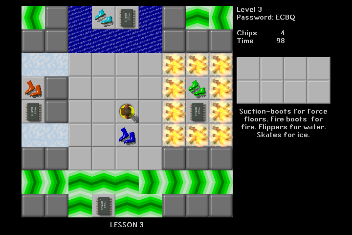 Tile World (Windows) screenshot: Chip's Challenge - Learning about the different protective shoes.