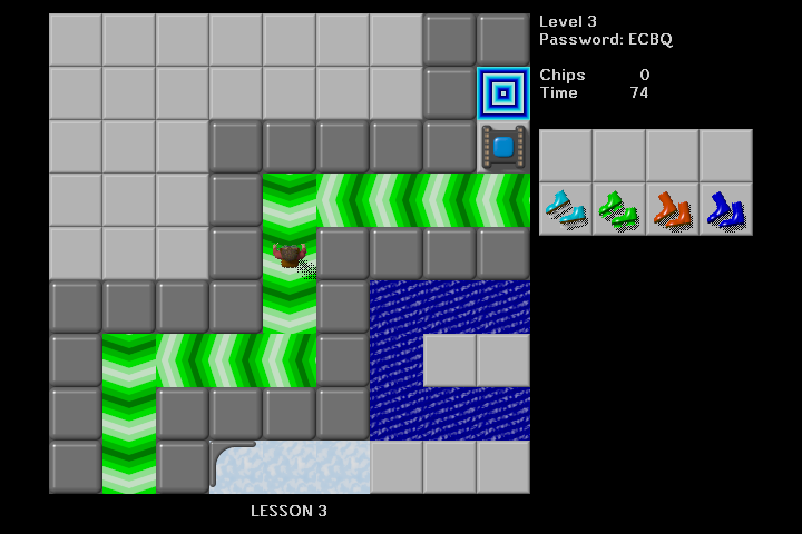 Tile World (Windows) screenshot: Chip's Challenge - Being dragged by the green conveyor belt.