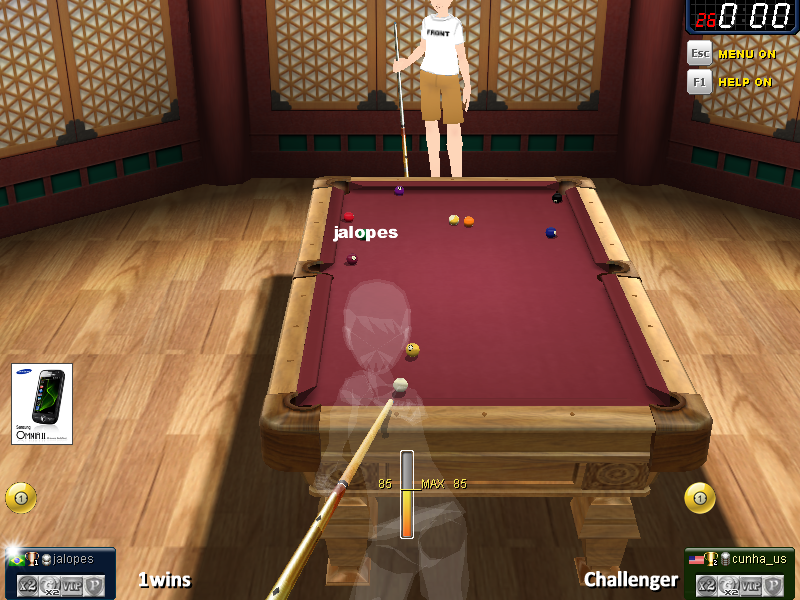 Carom3D (Windows) screenshot: The characters switch to ghost-view, not to obscure the table