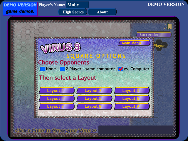 Virus 3 (Windows) screenshot: Choosing a game mode and board layout