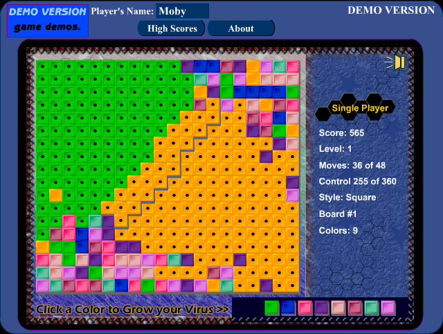 Virus 3 (Windows) screenshot: After every move there's an animation of our region changing color to match our new acquisition