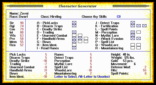 The Aethra Chronicles: Volume One - Celystra's Bane (DOS) screenshot: Character creation (skill assignment)