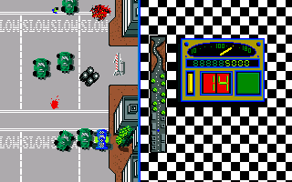 Turbo (Amiga) screenshot: Poor pedestrians getting slaughtered