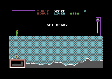 Hunchback (Commodore 64) screenshot: Start of first level -- get to the bell-pull at the far right