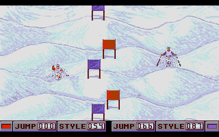 Super Ski II (Atari ST) screenshot: Still challenging Moguls opponent