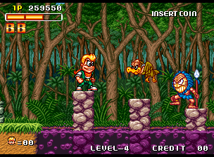 Spinmaster (Neo Geo) screenshot: One of the few "real" platform-sequences