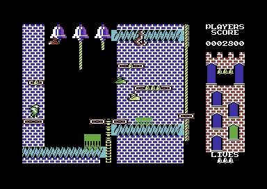 Hunchback II: Quasimodo's Revenge (Commodore 64) screenshot: Next level, avoiding getting ground to mince in the clockworks (and note progression in the map, now in the lower right)