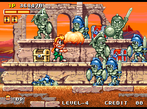 Spinmaster (Neo Geo) screenshot: In the last stage fighting lots of soldiers