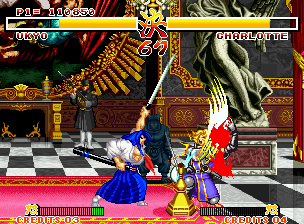 Samurai Shodown (Neo Geo) screenshot: After this blow, I think that she needs visit the plastic surgeon!