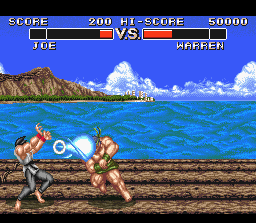 Deadly Moves (SNES) screenshot: Your first battle. Joe resembles Ryu so much that he even throws energy balls against his enemies saying almost the same thing (something like 'douken).