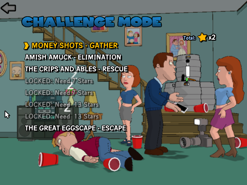 Family Guy: Back to the Multiverse (Windows) screenshot: Challenge Mode Menu. I getted 2 Stars while I Selecting Amish Amuck - Elimination.