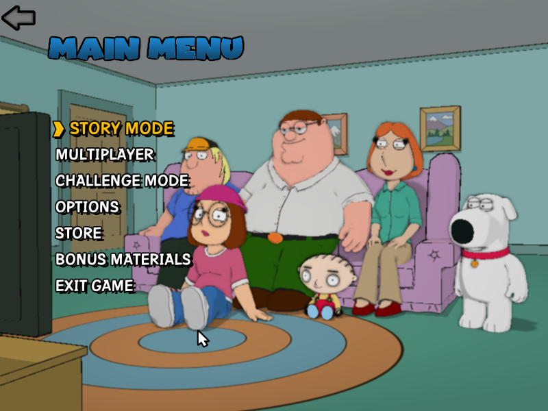 Family Guy: Back to the Multiverse (Windows) screenshot: Main Menu Menu. I selected Multiplayer Mode then i select Multiverse Madness. Also i Selected Story Mode after i played this game when if is ending.