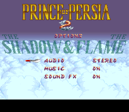 Prince of Persia 2: The Shadow & The Flame (SNES) screenshot: Options screen