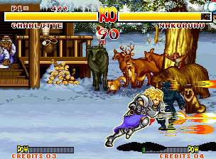 Samurai Shodown (Neo Geo) screenshot: Charlotte uses a fast attack. But where is Nakoruru?