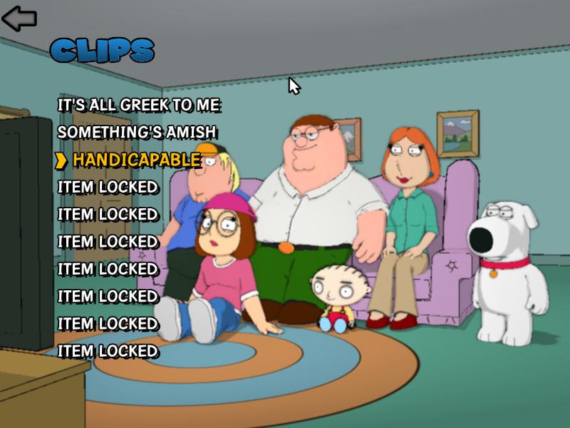 Family Guy: Back to the Multiverse (Windows) screenshot: Bonus Materials - Clips Menu. It's my first i got Clips for Cutscene. Even All Item is Locked. i wanted Complete all levels.