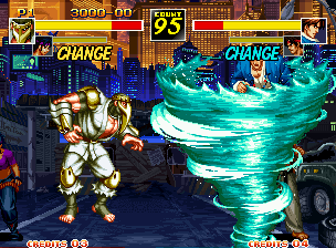 Kizuna Encounter: Super Tag Battle (Neo Geo) screenshot: And Mezu's current successful counterattack against Kim is... his hurricanin' move Mudoh SuiryuuHa!