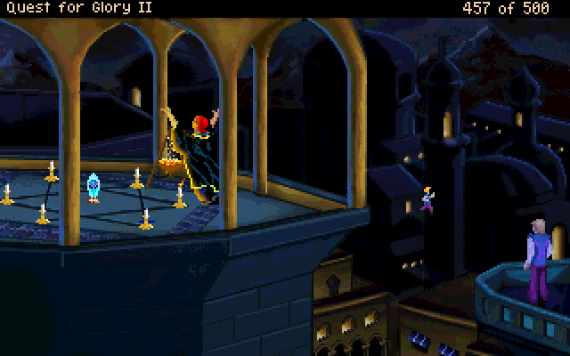 Quest for Glory II: Trial by Fire (Windows) screenshot: Over the rooftops of Raseir - it looks very different in this version. A bit of a pity that only the Thief enters the ritual room this way.