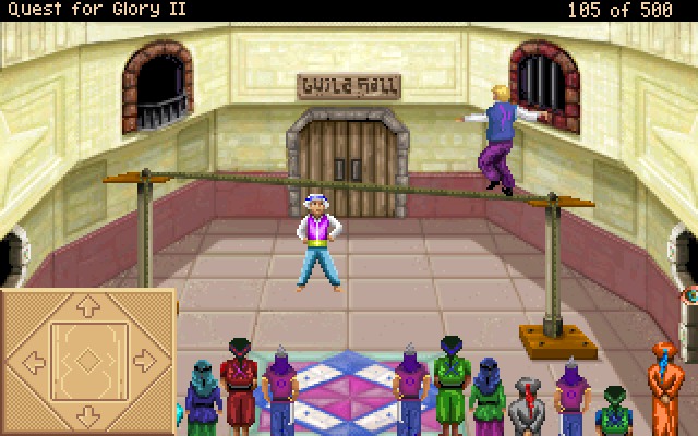 Quest for Glory II: Trial by Fire (Windows) screenshot: All character classes can practice and learn tightrope walking, but only the Thief will dearly need this skill and so only he gets points for completing it.