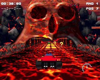 Flyin' High: Data Disks (Amiga) screenshot: A skull tunnel. Tasteful.