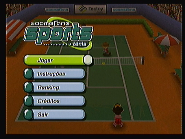Boomerang Sports Tênis (Zeebo) screenshot: Main menu. All text here is in Portuguese as this game was, at the time of this writing, Brazilian exclusive.