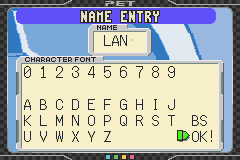 Mega Man Battle Chip Challenge (Game Boy Advance) screenshot: Enter a nickname, this will be used for save data